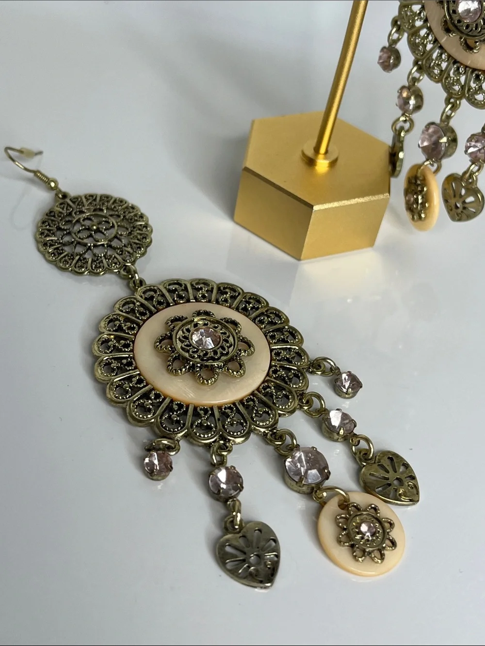 Vintage-Inspired Gold and Cream Filigree Dangle Earrings